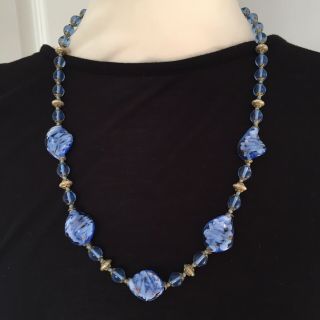 Vintage Graduated Blue Hand Knotted Glass Bead Necklace