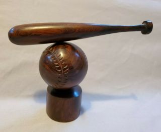 Vintage Carved Mahogany Solid Wood Baseball Bat & Ball Desk Figure Trophy Statue