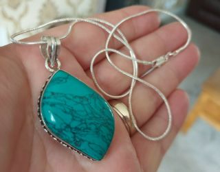 Vintage Art Deco Jewellery Polished Turquoise Sterling Silver Dropper Necklace