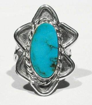 Large Vintage 1970s Signed Navajo 925 Silver Nevada Blue Gem Turquoise Ring 7