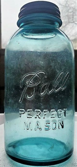 Old Vintage Big Half Gallon Blue Glass Ball 1 Mason Canning Jar Zinc Lid