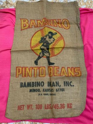 Vintage (c.  1960s/70s) Bambino Pinto Beans Burlap Sack Babe Ruth Baseball Ex Cond