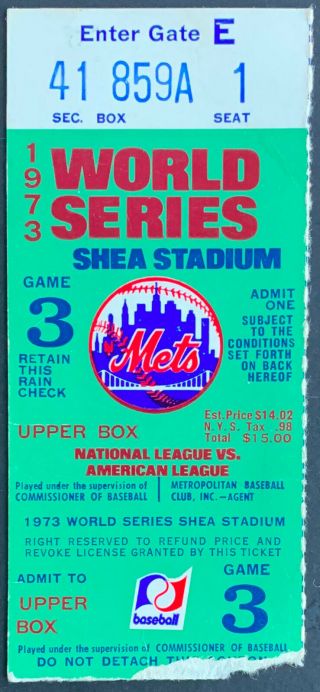 1973 World Series Game 3 Ticket Shea Stadium York Mets V Oakland Athletics