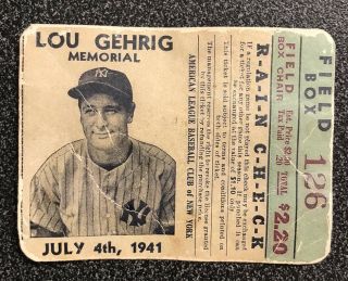 1941 York Yankees Lou Gehrig Memorial Ticket Stub,  Ungraded
