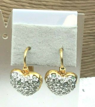Vintage Style Earrings Rhinestone Crystal Gold Puffy Heart Lever Back Pierced