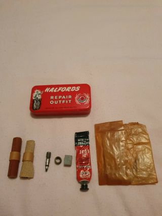 Vintage Halfords Repair Outfit Tin & Some Contents.  Vintage Advertising Bicycle
