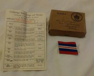 Vintage Ww2 Empty Medal Cardboard Box & Paperwork