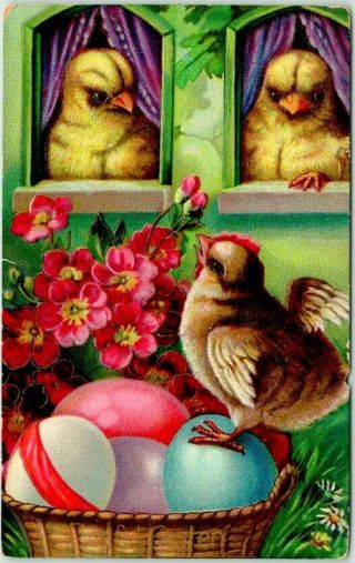 Vintage Easter Greetings Embossed Postcard Chicks / Colored Eggs C1910s