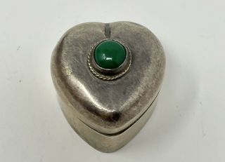 Vtg Taxco Mexico Sterling Silver Malachite Heart Shaped Trinket/pill Box (21.  9g)