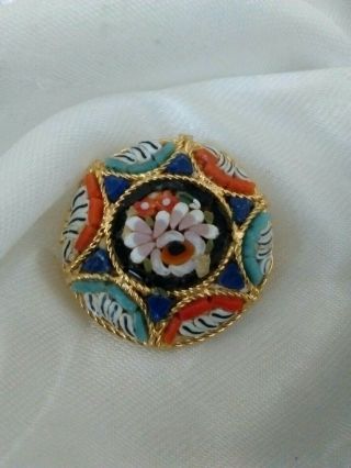 Vintage Multi Coloured Micro Glass Mosaic Flower Gold Tone Brooch Pin