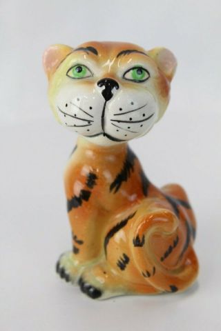Vintage Green Eyed Tiger Ceramic Hand Painted Glazed Figurine Animal 4 " Tall