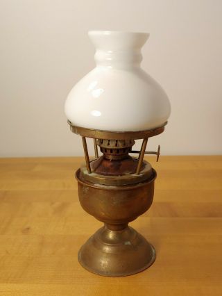 Vintage Miniature Oil Lamp - White Milk Glass Hurricane Shade & Metal Base