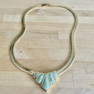 Vintage Napier Jewelry Gold Tone Necklace Blue Green Enamel Chunky Triangle