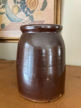 Antique / Vintage Primitive Brown Glaze Stoneware Crock Canning Jar 8 " Tall