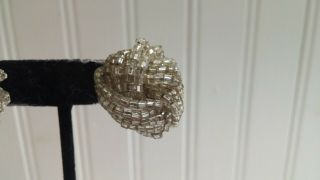 Vintage Silvertone Metal Clear Glass Seed Bead Knot Post Pierced Earrings 2