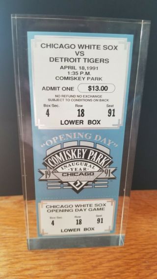 1991 Chicago White Sox Comiskey Park Commemorative Opening Day Ticket In Lucite