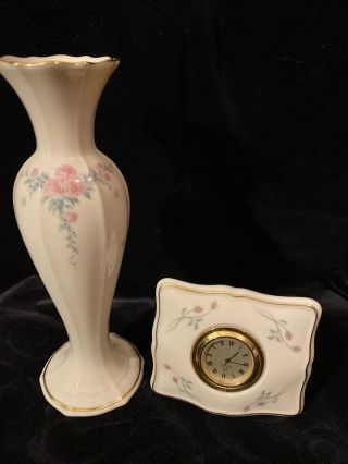Vintage Lenox Petite Rose Bud 8 " Porcelain Floral Flower Vase & Desk Clock