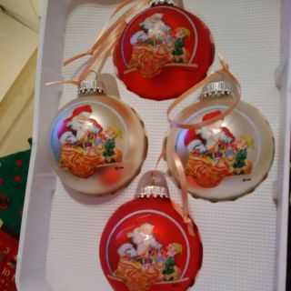 Vintage Santa & Elves White And Red Glass Ball Christmas By Krebs Ornaments