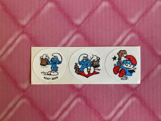 Vintage 80s Peyo Smurf Scratch & Sniff Rootbeer Sticker Scented Strip Of 3