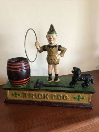 Vintage Cast Iron Mechanical Trick Dog Bank W/ Hoop Great