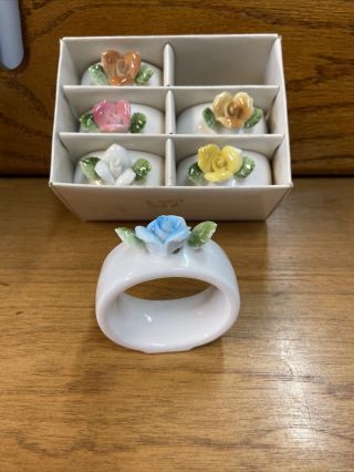 Vintage Set Of 6 Porcelain Ceramic Floral Napkin Rings White And Multicolor Rose