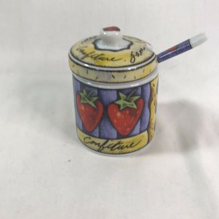 Vintage Porcelain Jam Jelly Jar With Lid And Spoon 4 Inch Msc Joie De Vivre