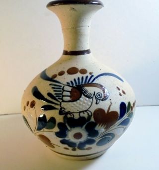 Vintage Tonala Mexican Pottery Vase 6 - 1/2” Bird Flowers Floral Signed Co Mexico
