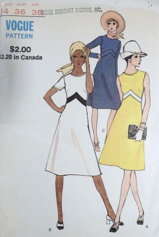 Vtg 1960s 1970s Vogue 8020 Inset Band A - Line Dress Sewing Pattern 14 Uncut Ff