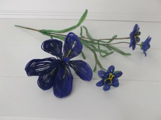 2 Vintage Stems Of Purple French Glass Seed Beaded Flowers & Green Leaves