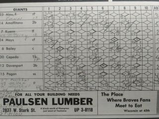1961 Milwaukee Braves Scorecard Program - Neatly Scored - S.  F.  Giants 3
