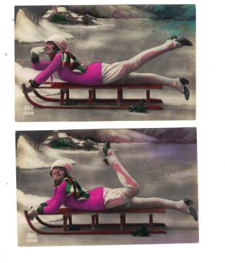 Me2138 Set Of 2 Glamour On The Ice,  Woman In Pink E Posing On Vintage Sledge