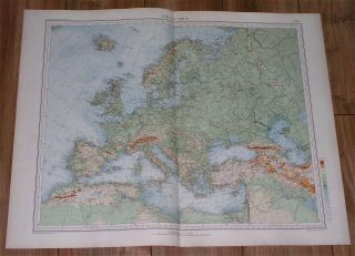 1927 Large Vintage Italian Physical Map Of Europe Rivers Mountains Baltic