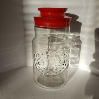 Vintage Anchor Hocking Glass Jar Canister Red Lid 1776 Liberty Bell Amer.  Bicent