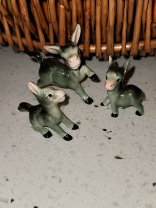 Vintage Miniature Bone China Donkey,  Mule Family Of 3,  Japan