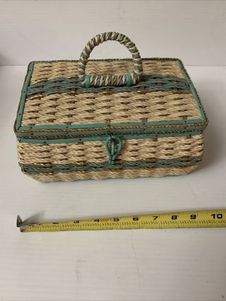 Vintage Dritz Sewing Basket Box Mid Century Modern Woven Wicker Japan Green Blue