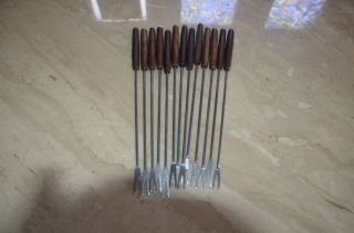 Vintage Fondue Fork Set With Colored Ends Stainless Steel And Teak