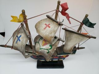 Vintage Model Of Christopher Columbus " Santa Maria " Ship Made Of Wood With Canva