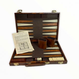 Vintage Cardinal Brown Faux Leather Backgammon Set In Case Classic Game Board
