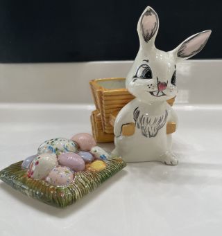 Vintage Ceramic Mold Easter Bunny Pulling Cart Eggs Candy Dish Trinket 1981