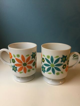 Set Of 2 Vintage White Pedestal Coffee Mugs With Blue,  Green And Orange Flowers