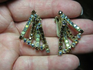 Vintage Signed Hobe Rhinestone And Ab Clip Earrings Rhodium Plated Good Cond