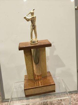 Vintage Baseball Trophy Brass Player Wooden Solid Base 13” Tall Gold Glittery