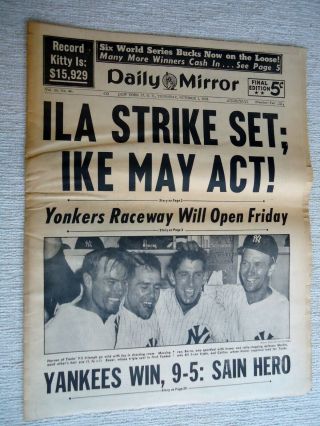 October 1 1953 York Yankees Daily Mirror Newspaper Vs.  Brooklyn Dogers