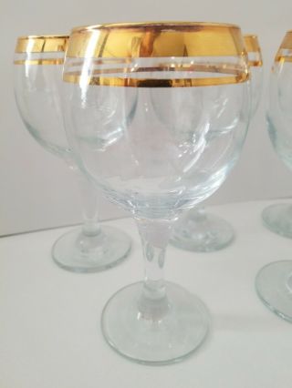Set Of 6 Clear Vintage Wine Drinking Glasses With Thin Gold Band & Rim