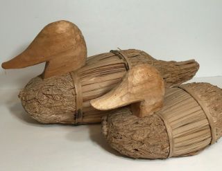 2 Vintage Folk Art Handmade Duck Decoys Wood Reeds Hand Carved Primitive 16 " 12 "