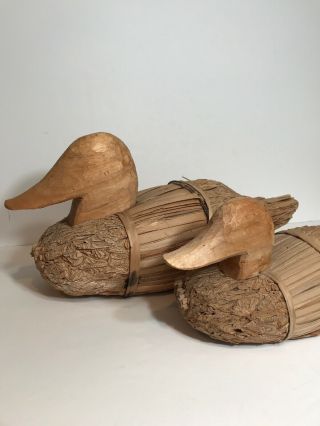 2 Vintage Folk Art Handmade Duck Decoys Wood Reeds Hand Carved Primitive 16 