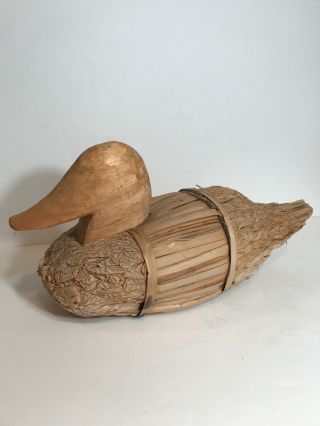 2 Vintage Folk Art Handmade Duck Decoys Wood Reeds Hand Carved Primitive 16 