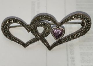 Vintage 925 Sterling Silver Marcasite Heart Brooch Pin 925 Fas Amethyst Stone