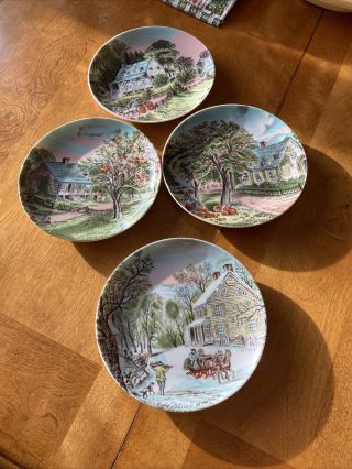 Currier And Ives Set Of 4 Four Seasons Vintage Decorative Plates 6.  5 Inches Dia