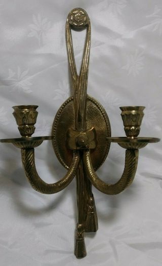 Vtg Mid Century Heavy Brass Double Candle Holder Wall Sconce Rope & Tassels